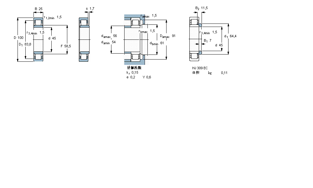 SKF 圓柱滾子軸承, 單列, NU 設(shè)計(jì)NU309ECJ樣本圖片