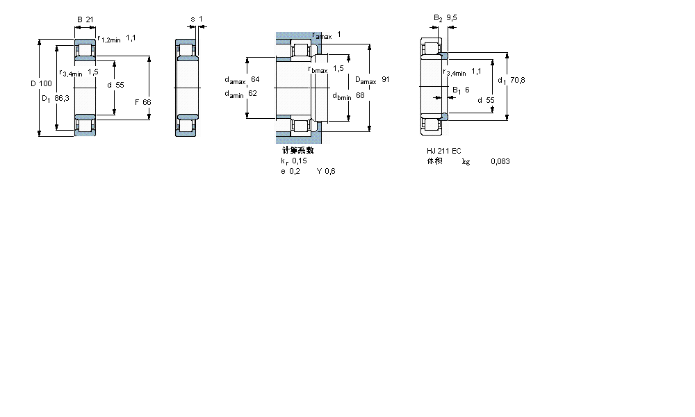 SKF 圓柱滾子軸承, 單列, NU 設計NU211ECML樣本圖片