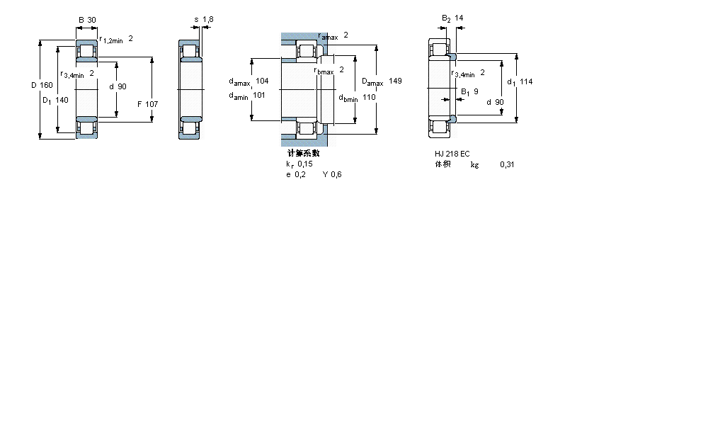 SKF 圓柱滾子軸承, 單列, NU 設(shè)計(jì)NU218ECJ樣本圖片