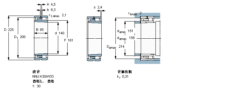 SKF 圓柱滾子軸承, 雙列, NNU K, 圓錐型內(nèi)孔NNU4128K30M/W33樣本圖片