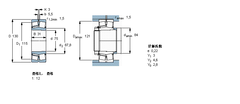 SKF 球面滾子軸承, 圓柱和圓錐孔, 圓錐型內(nèi)孔, 無(wú)密封件22215EK樣本圖片