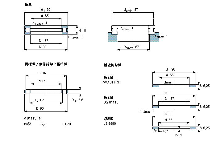 SKF 圓柱滾子推力軸承, 軸承 / 圓柱滾子和保持架止推組件81113TN樣本圖片