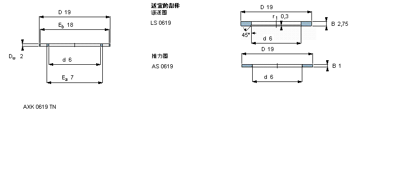 SKF 滾針推力軸承, 滾針與保持架推力組件 and bearings with centring spigot, 滾針與保持架推力組件AXK0619TN樣本圖片