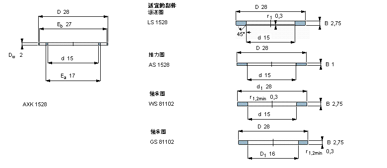 SKF 滾針推力軸承, 滾針與保持架推力組件 and bearings with centring spigot, 滾針與保持架推力組件AXK1528樣本圖片