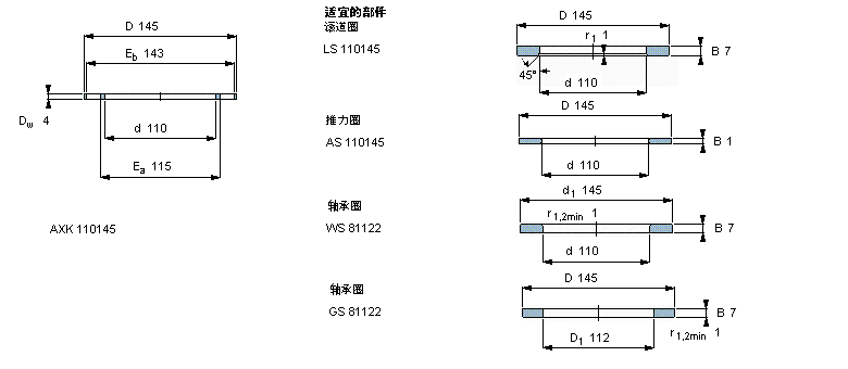 SKF 滾針推力軸承, 滾針與保持架推力組件 and bearings with centring spigot, 滾針與保持架推力組件AXK110145樣本圖片