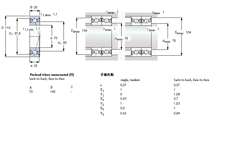 SKF 角接觸球軸承, 精密, SC .. FB, sealed, contact angle 18&deg;, hybridSC7014FB/P7樣本圖片