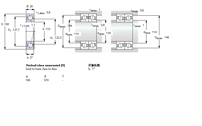 SKF 角接觸球軸承, 精密, CE, contact angle 15&deg;71922CE/P4A樣本圖片