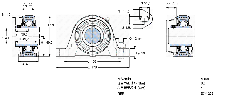 SKF Y-型立式軸承座單元, Y-技術(shù)，平頭螺釘鎖定，食品級用油脂SYKC40NTH樣本圖片