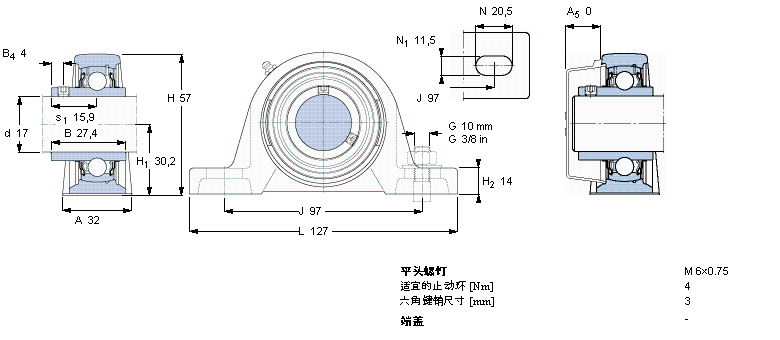 SKF Y-型立式軸承座單元, 鑄造軸承座，平頭螺釘鎖緊定, 公制軸承SY17TF樣本圖片