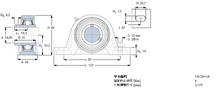 SKF Y-型立式軸承座單元, 鑄造軸承座，平頭螺釘鎖緊定, 英制軸承SYJ3/4TF樣本圖片