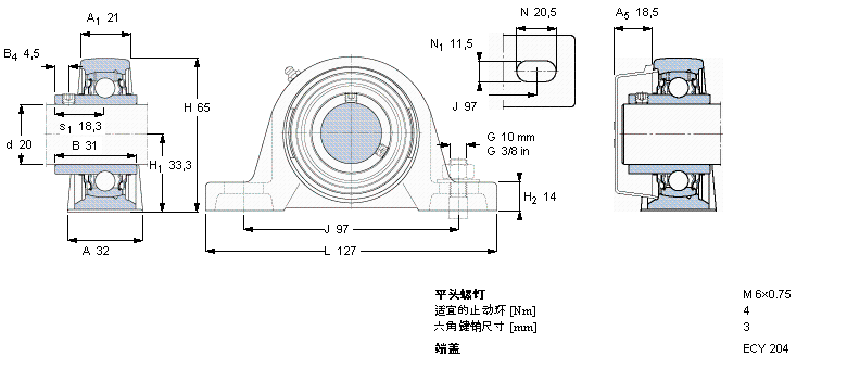 SKF Y-型立式軸承座單元, 鑄造軸承座，平頭螺釘鎖緊定, 公制軸承SY20TR樣本圖片