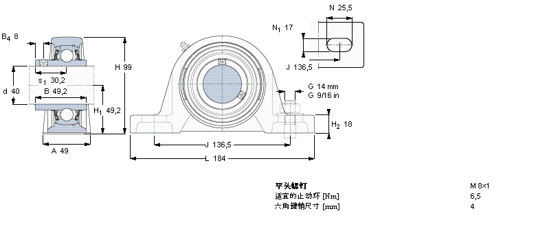 SKF Y-型立式軸承座單元, 鑄造軸承座，平頭螺釘鎖緊定, 公制軸承SYJ40TF樣本圖片
