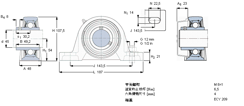 SKF Y-型立式軸承座單元, 鑄造軸承座，平頭螺釘鎖緊定, 公制軸承SY45TF樣本圖片