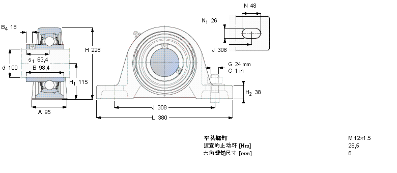 SKF Y-型立式軸承座單元, 鑄造軸承座，平頭螺釘鎖緊定, 公制軸承SYJ100TF樣本圖片