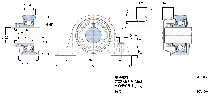 SKF Y-型立式軸承座單元, 鑄造軸承座，偏心鎖緊定軸環(huán), 公制軸承SY20FM樣本圖片