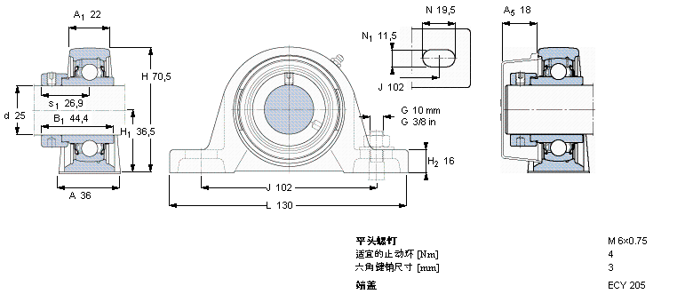 SKF Y-型立式軸承座單元, 鑄造軸承座，偏心鎖緊定軸環(huán), 公制軸承SY25WF樣本圖片