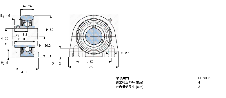 SKF Y-型立式軸承座單元, 短基座鑄造軸承座，平頭螺釘鎖定SYFJ20TF樣本圖片