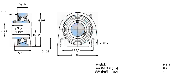SKF Y-型立式軸承座單元, 短基座鑄造軸承座，平頭螺釘鎖定SYF45TF樣本圖片