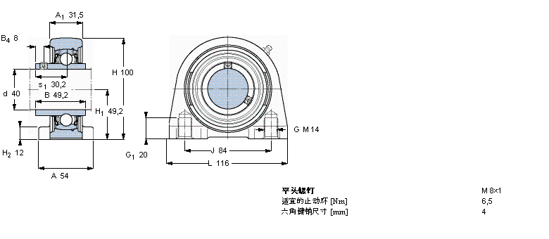 SKF Y-型立式軸承座單元, 短基座鑄造軸承座，平頭螺釘鎖定SYFJ40TF樣本圖片