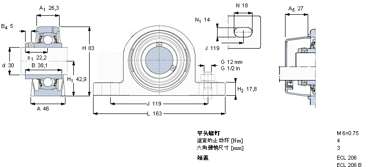 SKF Y-型立式軸承座單元, 聚酯軸承座，平頭螺釘鎖定，可用于食品行業(yè)的滑脂, 公制軸承SYL30TH樣本圖片
