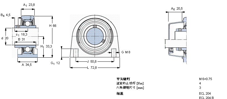 SKF Y-型立式軸承座單元, 短基座聚酯軸承座，平頭螺釘鎖定，可用于食品行業(yè)的滑脂, 公制軸承SYFL20TR/VE495樣本圖片