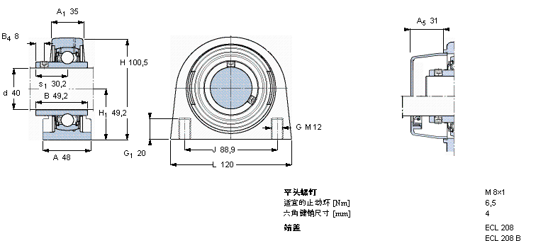 SKF Y-型立式軸承座單元, 短基座聚酯軸承座，平頭螺釘鎖定，可用于食品行業(yè)的滑脂, 公制軸承SYFL40TR/VE495樣本圖片