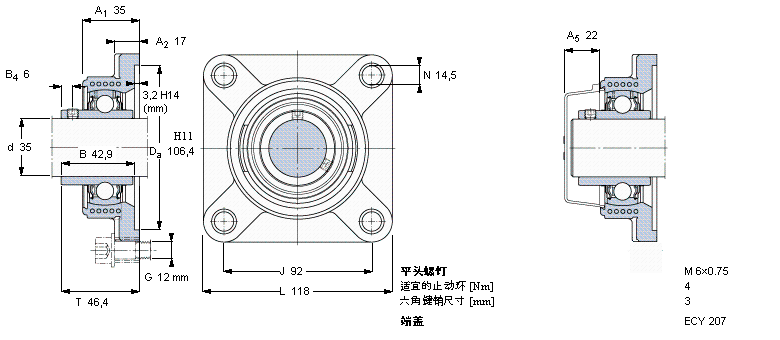 SKF Y-型軸承帶法蘭單元, Y-技術(shù)，方軸承座，平頭螺釘鎖定FYK35TF樣本圖片