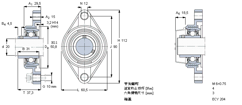 SKF Y-型軸承帶法蘭單元, Y-技術(shù)，橢圓軸承座，平頭螺釘鎖定FYTBK20TF樣本圖片