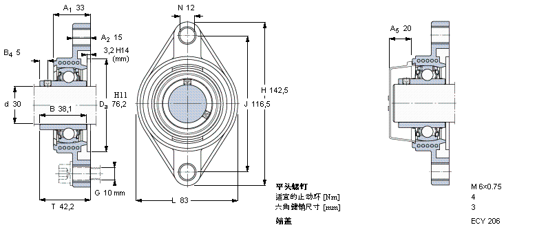 SKF Y-型軸承帶法蘭單元, Y-技術(shù)，橢圓軸承座，平頭螺釘鎖定FYTBK30TF樣本圖片