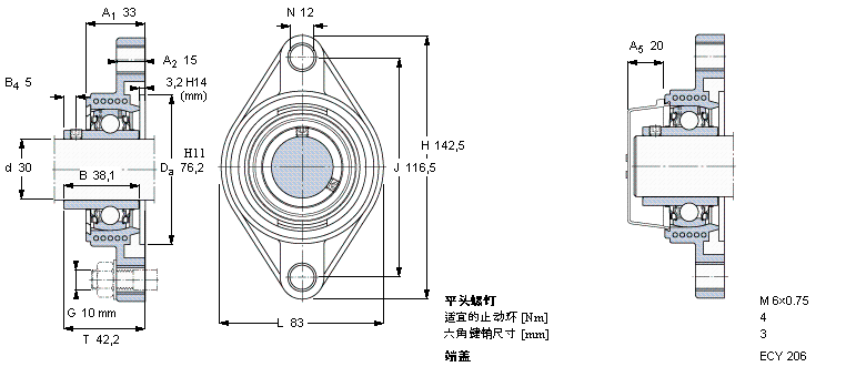 SKF Y-型軸承帶法蘭單元, Y-技術(shù)，橢圓軸承座，平頭螺釘鎖定FYTBK30TR樣本圖片