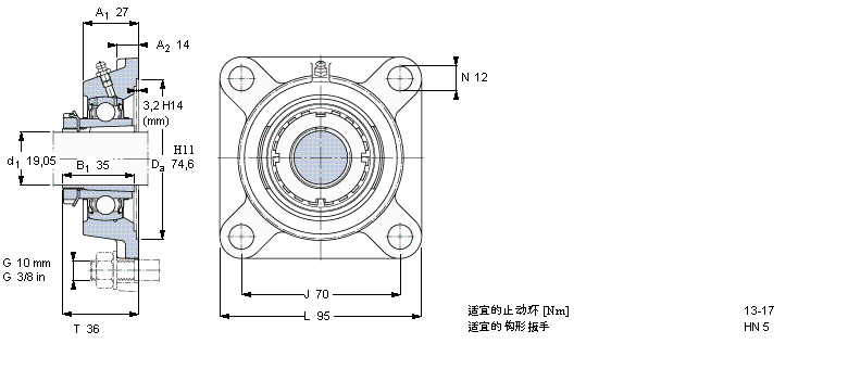 SKF Y-型軸承帶法蘭單元, 方形鑄造軸承座，緊定套, 英制軸承FYJ25KF樣本圖片