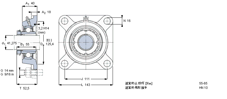 SKF Y-型軸承帶法蘭單元, 方形鑄造軸承座，緊定套, 英制軸承FYJ50KF樣本圖片