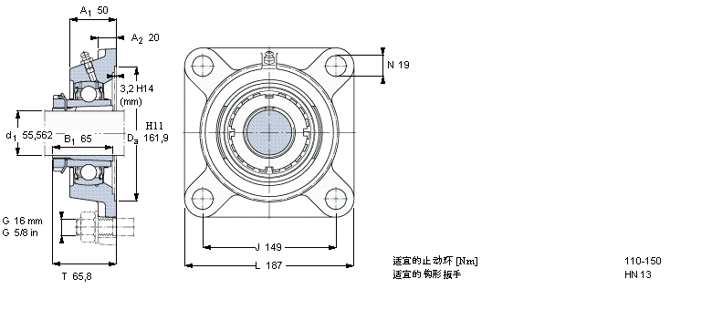 SKF Y-型軸承帶法蘭單元, 方形鑄造軸承座，緊定套, 英制軸承FYJ65KF樣本圖片