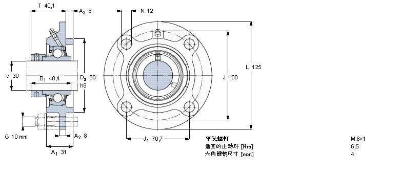 SKF Y-型軸承帶法蘭單元, 圓形鑄造軸承座，偏心鎖定軸環(huán)FYC30WF樣本圖片