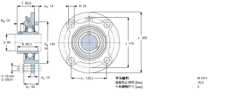 SKF Y-型軸承帶法蘭單元, 圓形鑄造軸承座，平頭螺釘鎖定FYC65TF樣本圖片