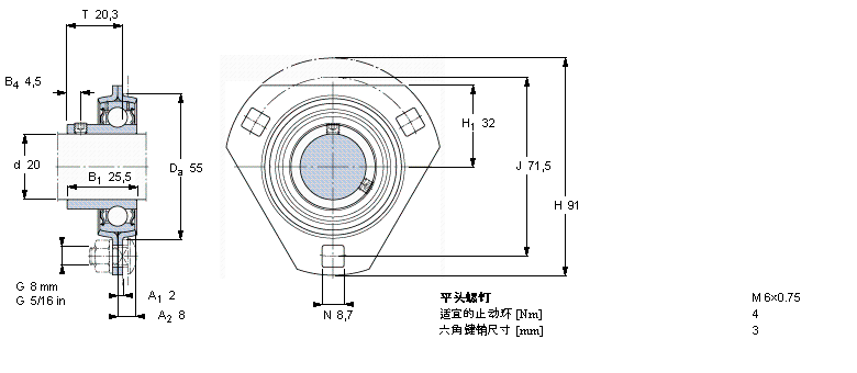 SKF Y-型軸承帶法蘭單元, 沖壓鋼軸承座，平頭螺釘鎖定, 帶一個(gè)三角形法蘭和三個(gè)螺栓孔, 公制軸承PFDYAT204樣本圖片