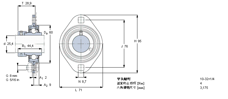 SKF Y-型軸承帶法蘭單元, 沖壓鋼軸承座，偏心鎖定軸環(huán)YEL205-100-2樣本圖片