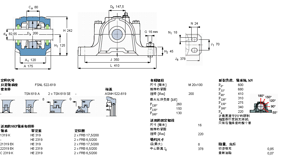 SKF 剖分立式軸承座, SNL，用于緊定套上的軸承，帶標(biāo)準(zhǔn)密封，標(biāo)準(zhǔn)密封, 用于英制軸的軸承座FSNL522-619樣本圖片